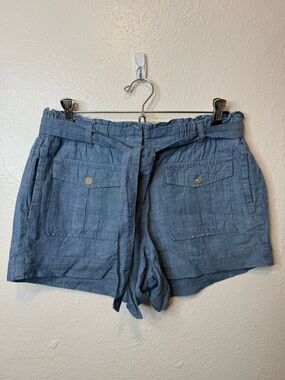 Loft Blue Linen Blend Paper Bag Belted Shorts Size Small Vacation Resort Summer